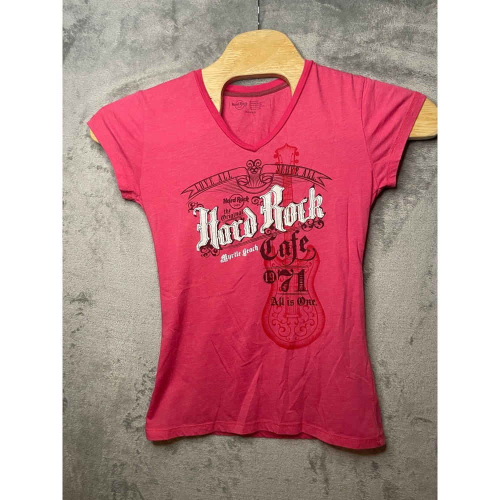 Hard Rock Cafe Myrtle Beach Graphic Tee Juniors Fit V-Neck Pink Large
